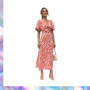 Commense Orange and White Patterned Midi Dress Size Medium NWT